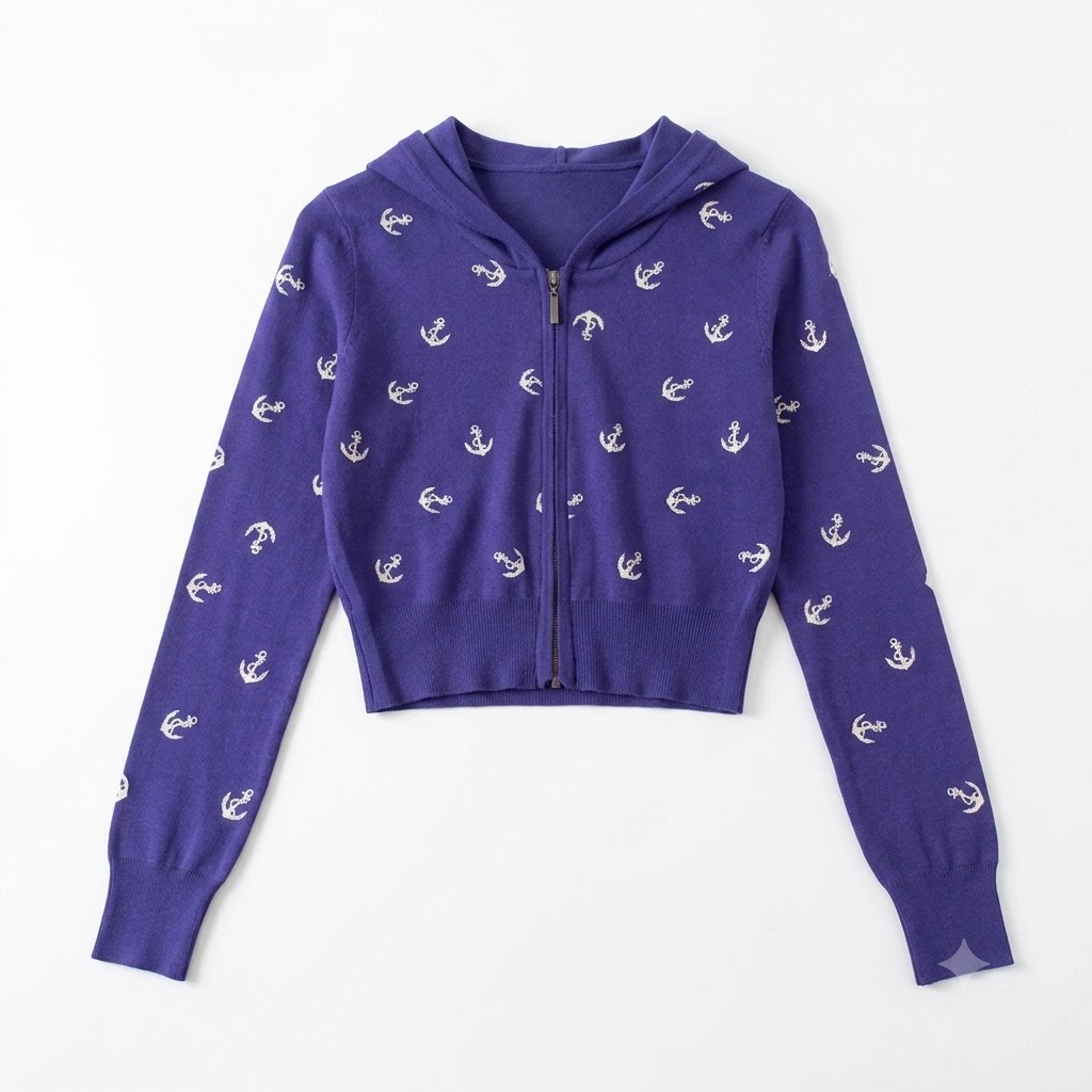 Women's Pure Cotton Anchor Print Hooded Long Sleeve Knit Crop Top